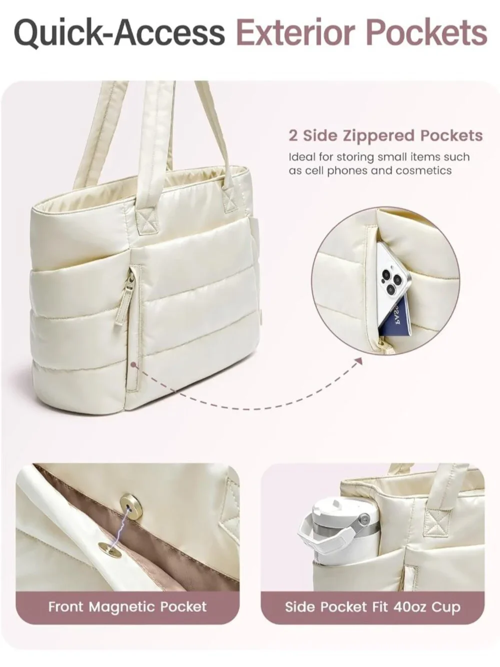 👜Women's Beige Quilted Puffer Tote Bag Zipper Work Bag With Compartments